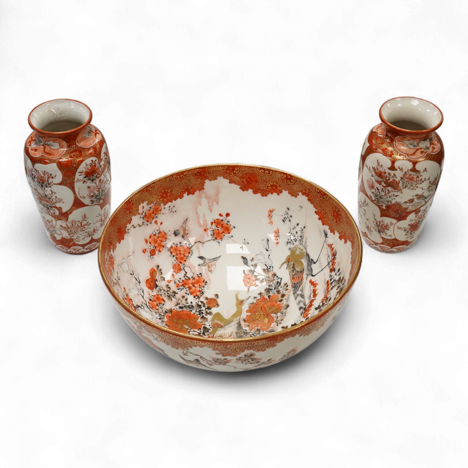 A Japanese Kutani bowl- 25cm diameter and a similar pair of vases